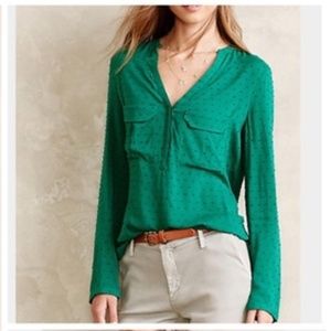 Anthropologie Maeve Swiss Dot Emerald Half-button